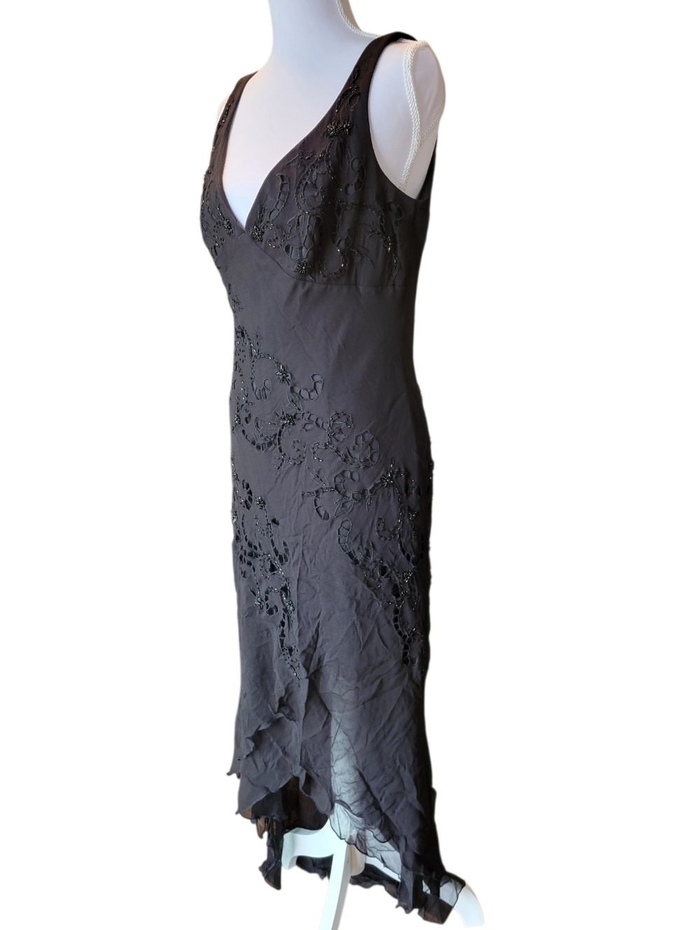 Vtg 90s Y2K Marina 100% Silk Black Beaded Vneck Asymmetrical Hem Evening Dress - Picture 3 of 10